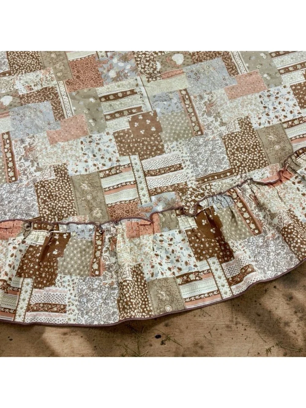 Vintage 1970s Tablecloth 68 Inch Brown Patchwork Ruffles Cottagecore Granny Deco
